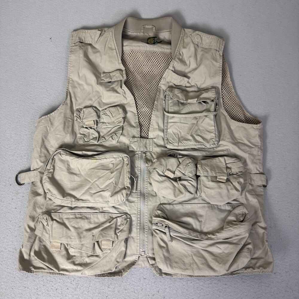 Cabela’s Men’s XL Reg Khaki Cotton Fishing Utility Vest Multi Pocket Mesh